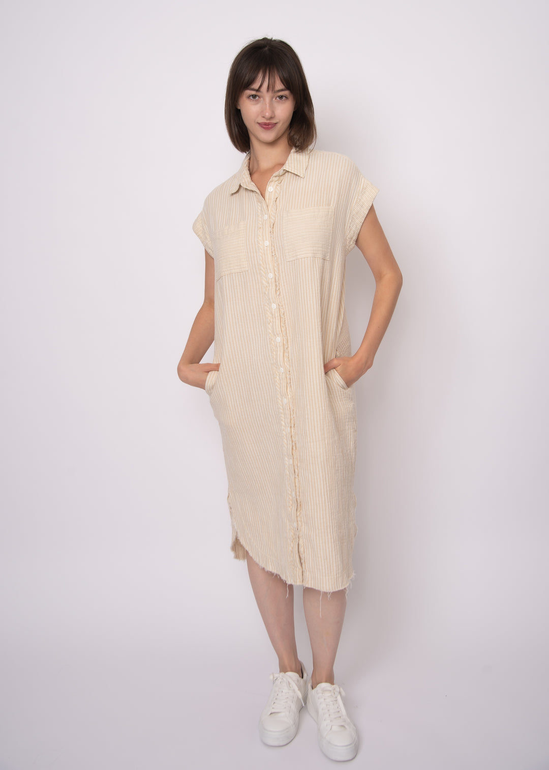 Aira Stone Striped Gauze Shirt Dress | RD Style