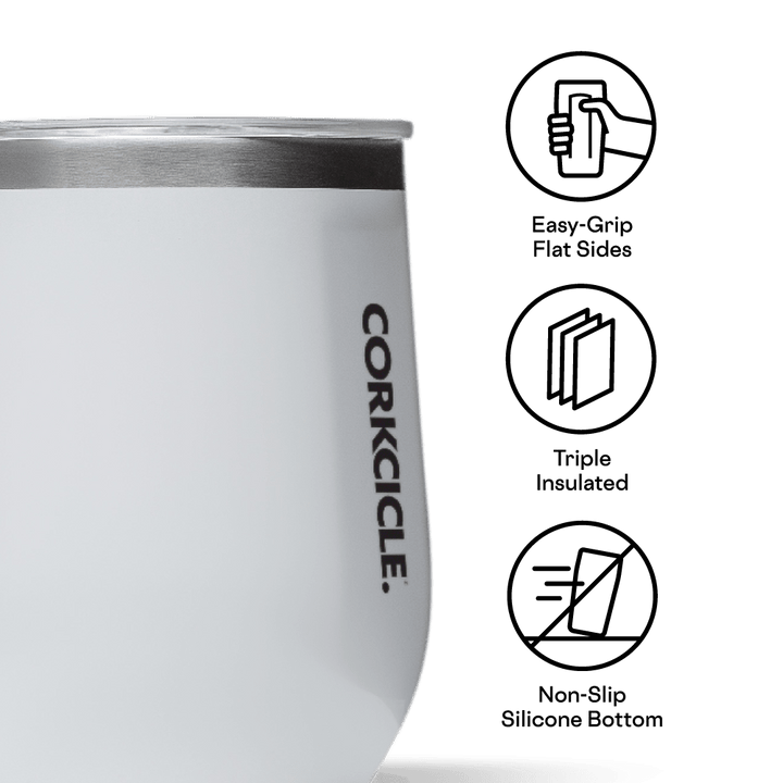 stemless wine tumbler. 12oz glossy white by corkcicle. Summer23. Jolie folie boutique