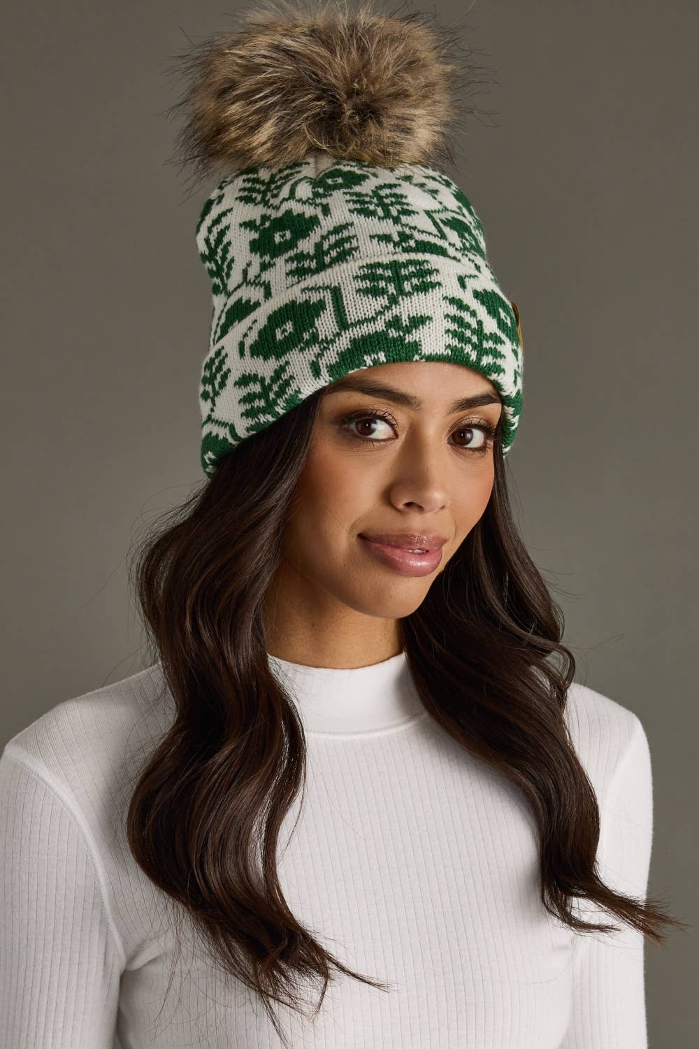 Ivory & Green Floral Pattern Pom Knit Hat | Panache Apparel Co.