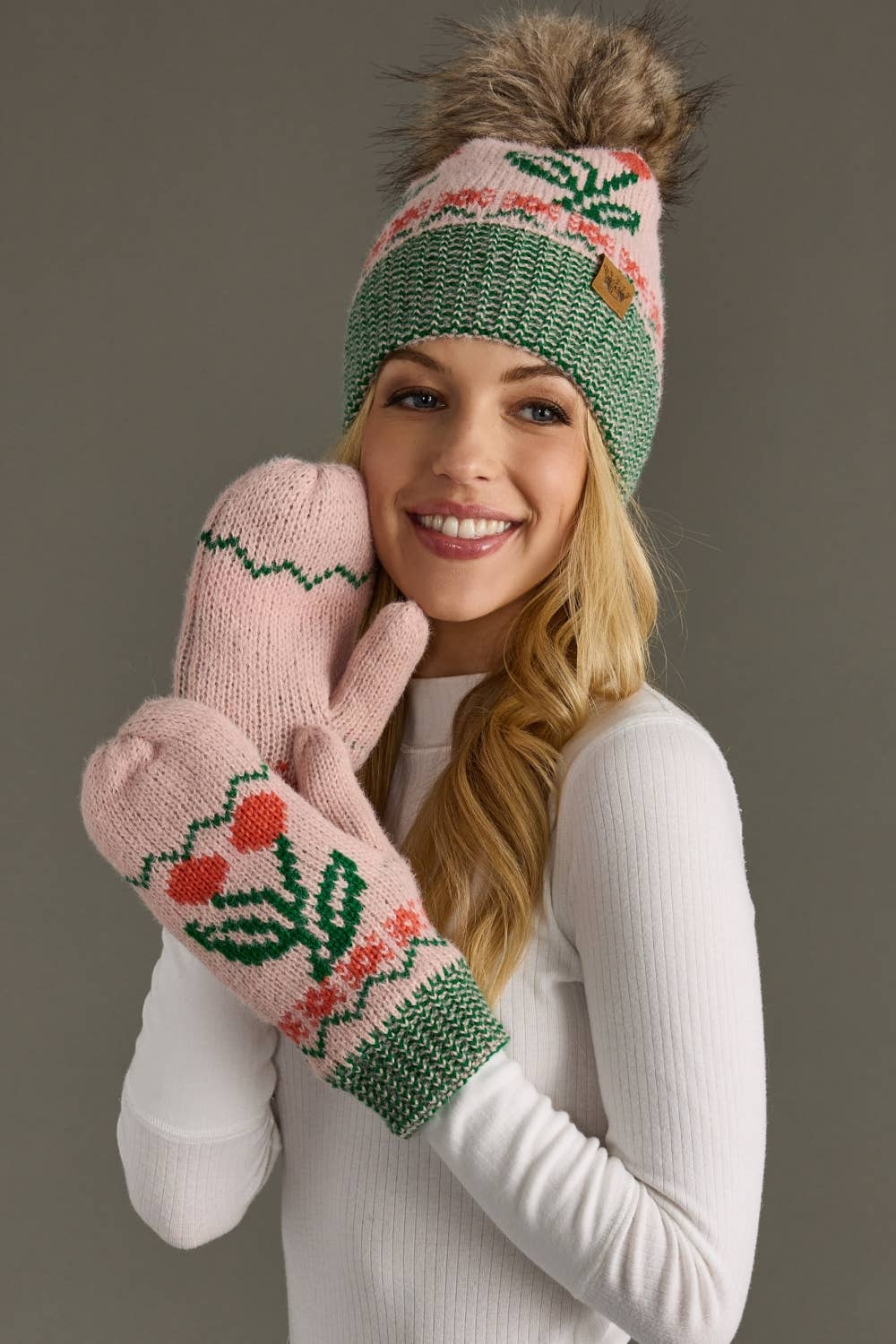 Lt. Pink Cherry Pattern Mittens | Panache Apparel Co.
