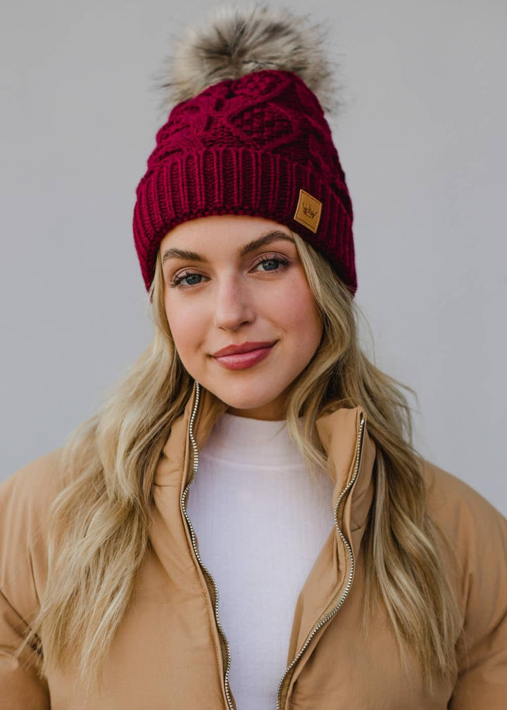 Burgundy Cable Knit Pom Hat | Panache Apparel Co.