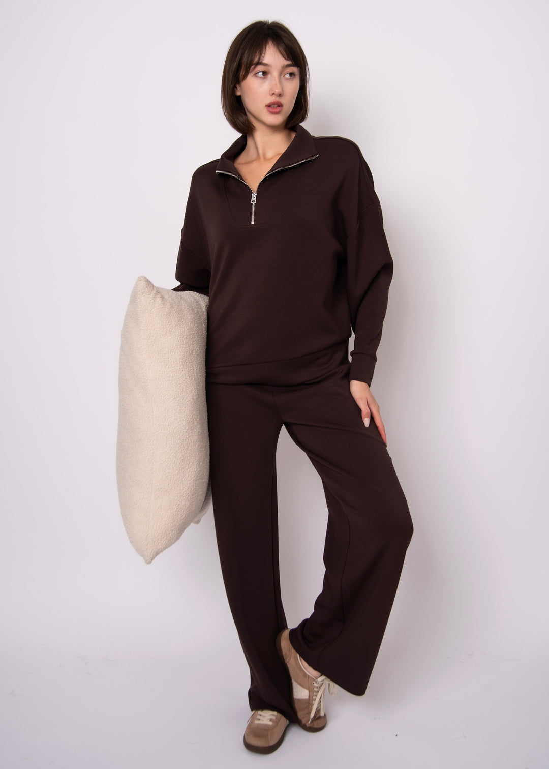 Seanni Soft Knit Half Zip Top - Brown | RD STYLE