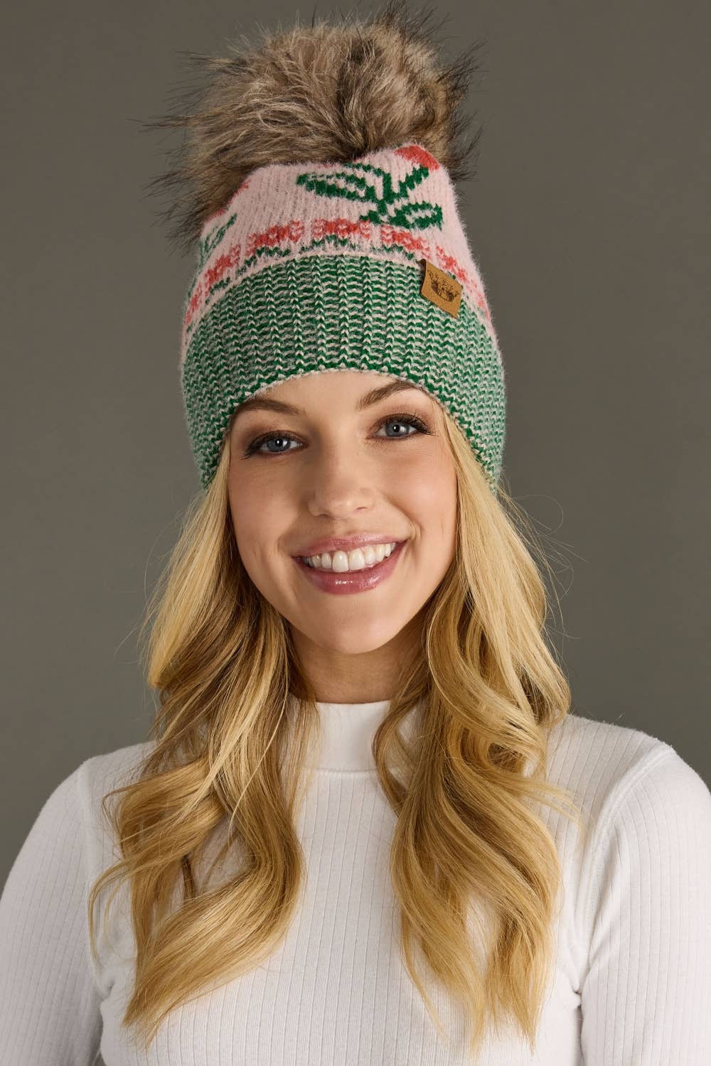 Lt. Pink Cherry Pattern Pom Knit Hat | Panache Apparel Co.