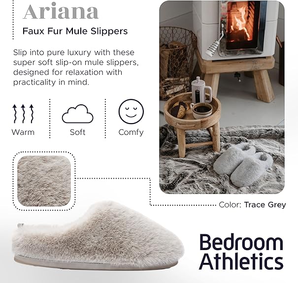 Ariana Luxury Faux Fur Mule Slipper - Trace Grey | Bedroom Athletics