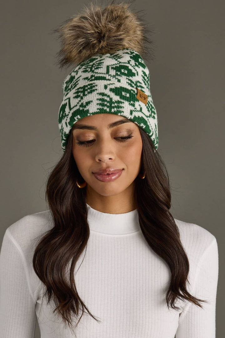 Ivory & Green Floral Pattern Pom Knit Hat | Panache Apparel Co.