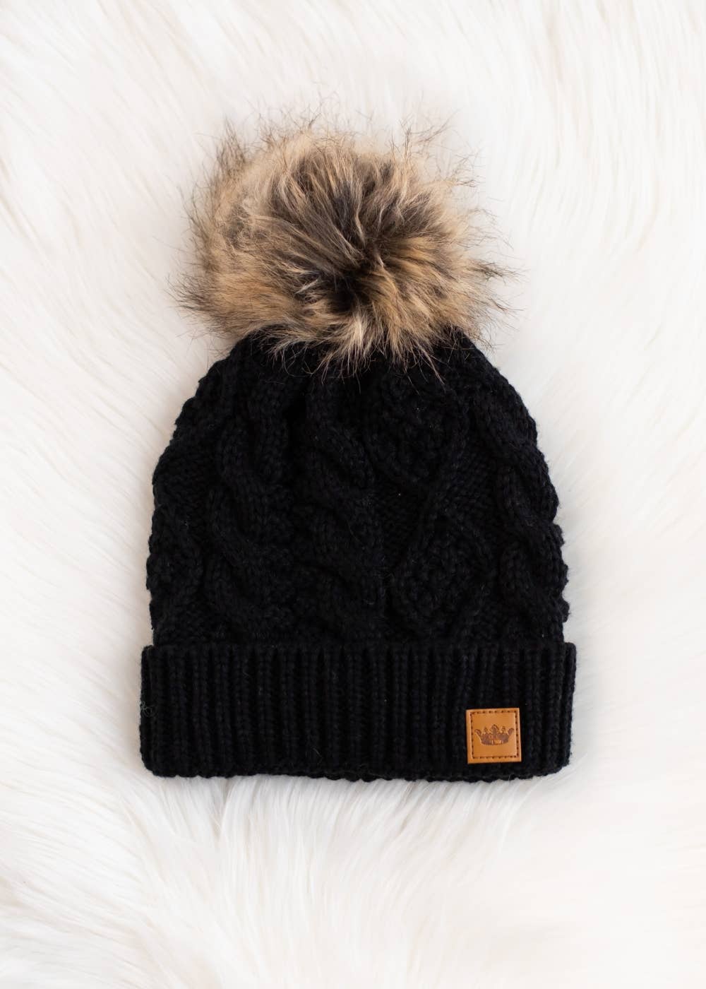 Black Cable Knit w/ Natural Pom Hat | Panache Apparel Co.