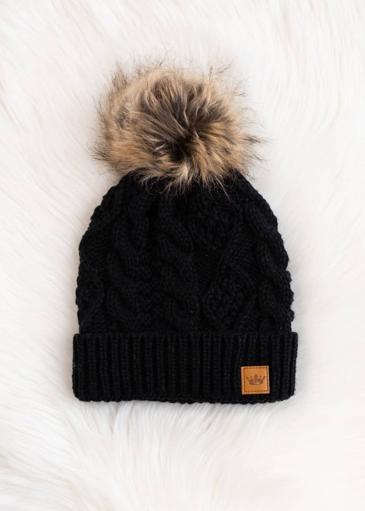 Black Cable Knit w/ Natural Pom Hat | Panache Apparel Co.