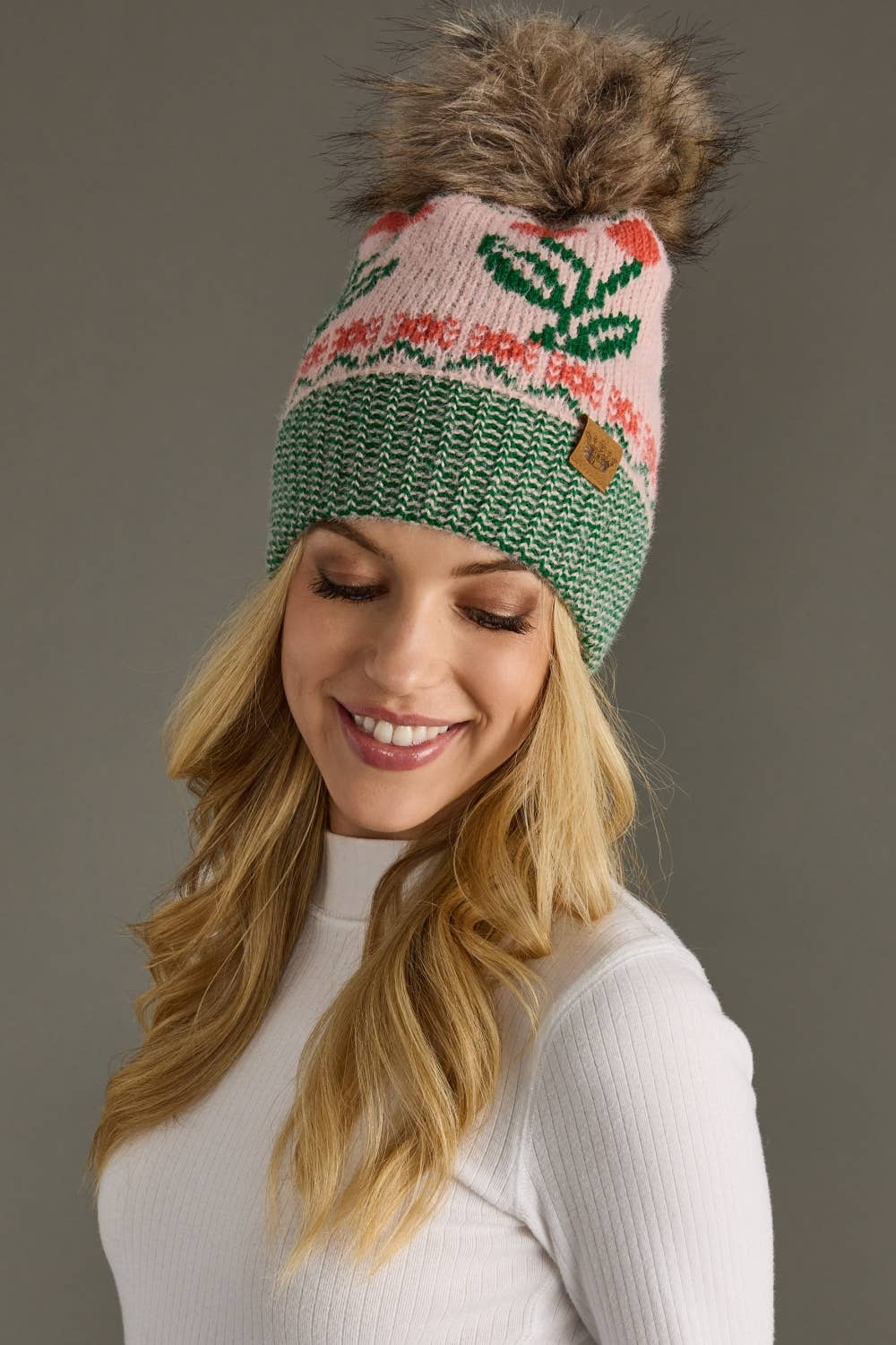 Lt. Pink Cherry Pattern Pom Knit Hat | Panache Apparel Co.