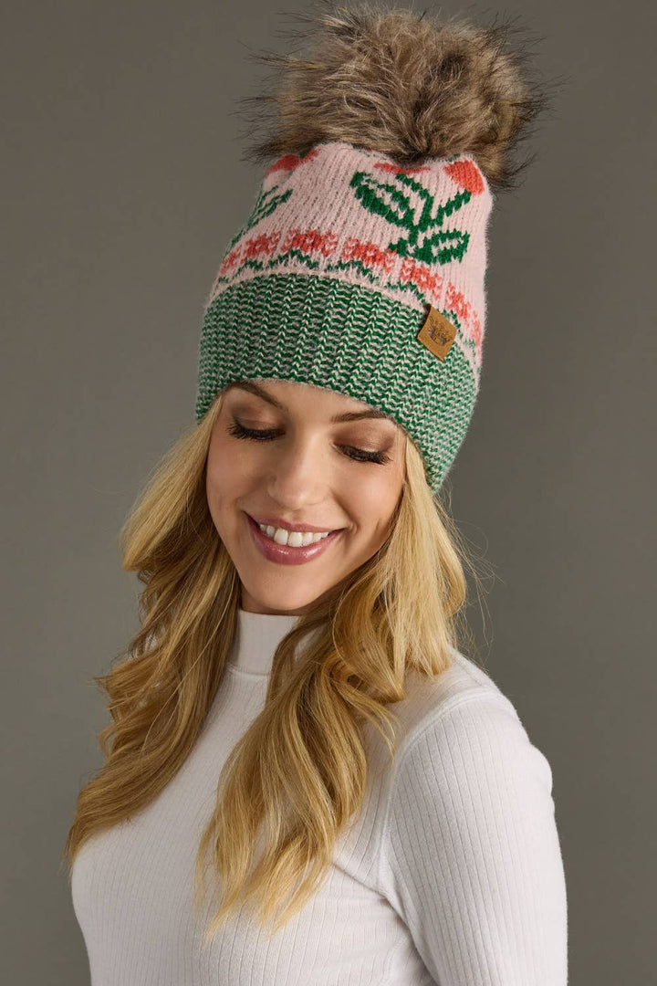 Lt. Pink Cherry Pattern Pom Knit Hat | Panache Apparel Co.