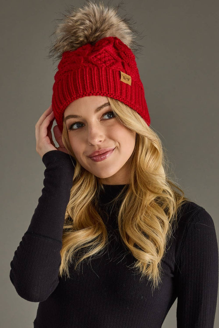 Red Cable Knit Pom Hat | Panache Apparel Co.