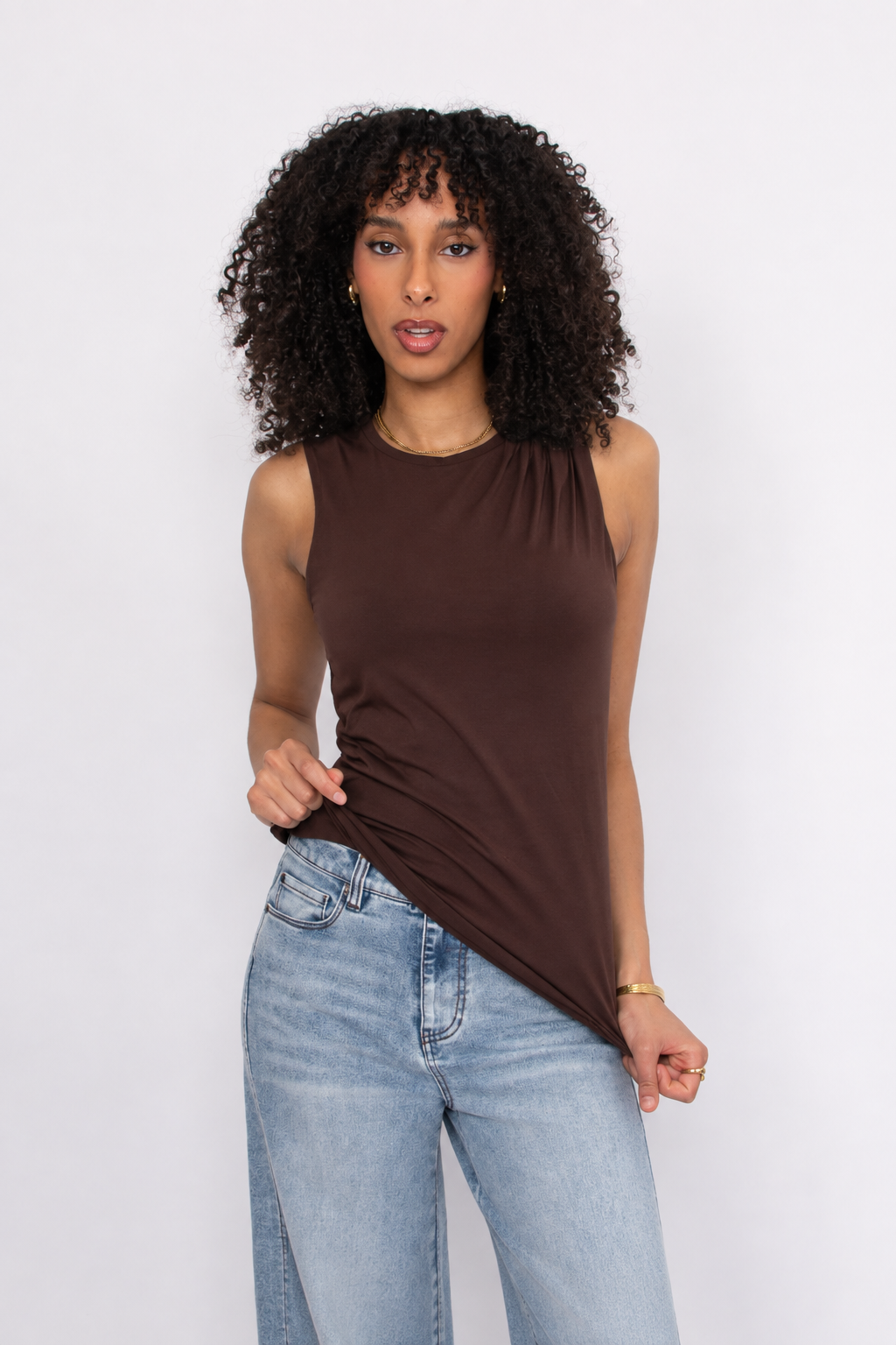 Ruri Cotton Core Sleeveless Draped Top – Mocha | RD Style
