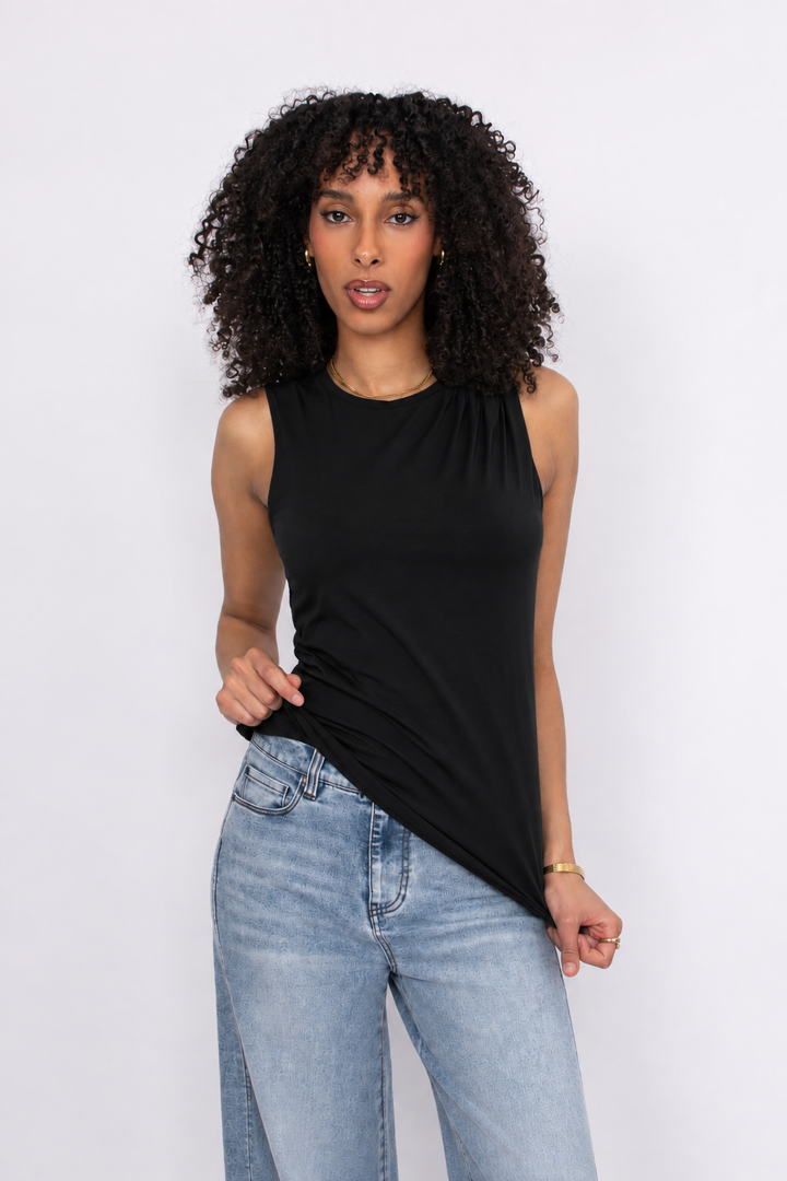 Ruri Cotton Core Sleeveless Draped Top – Black | RD Style
