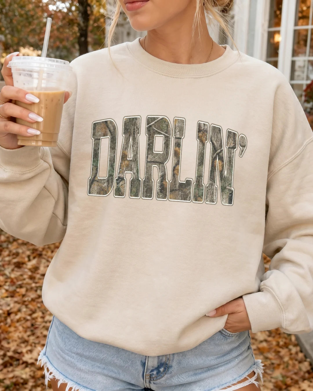 DARLIN' Camo Graphic Classic Crew Sweatshirt | Blonde Ambition Apparel
