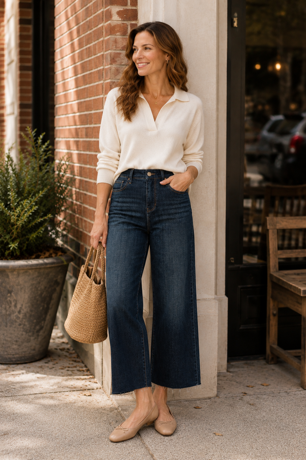 A woman stands outdoors in front of a brick building doorway wearing a cream long-sleeve collared top, dark blue wide-leg cropped jeans, and beige flats, while holding a woven straw tote bag.
