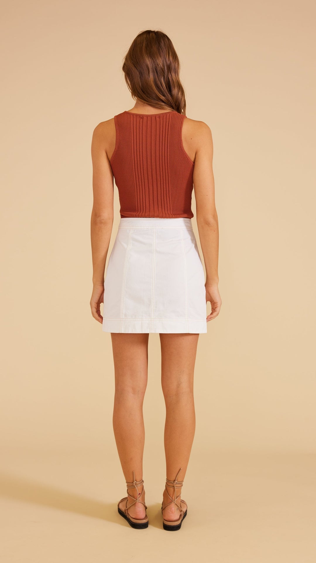 Gaia knit tank top in tobacco colour by minkpink. Ribbed top. Summer23. Jolie folie boutique