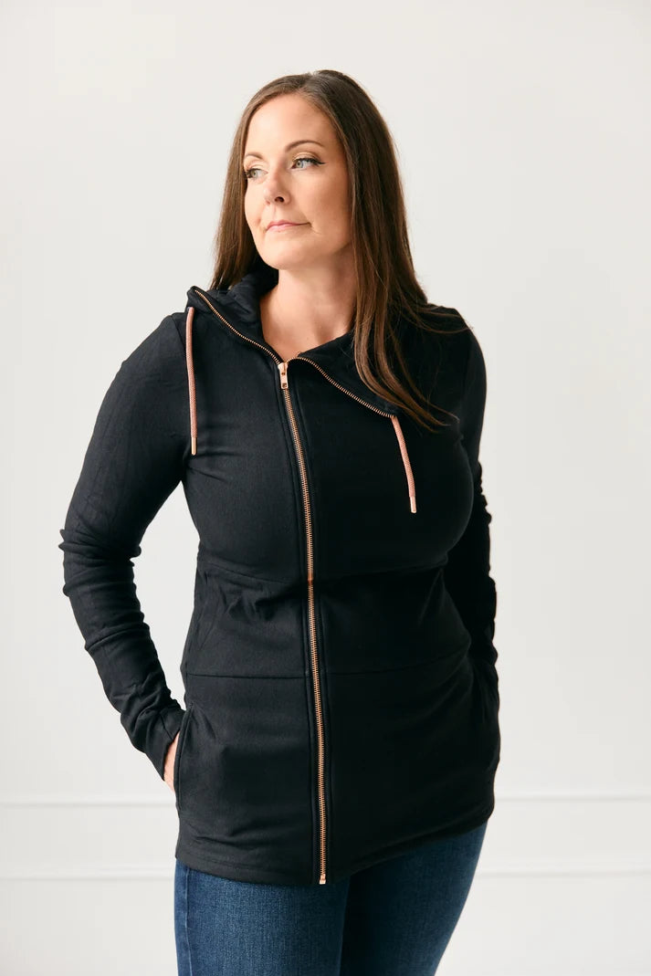 Full Zip Black Hoodie Sweater | Pink Cement