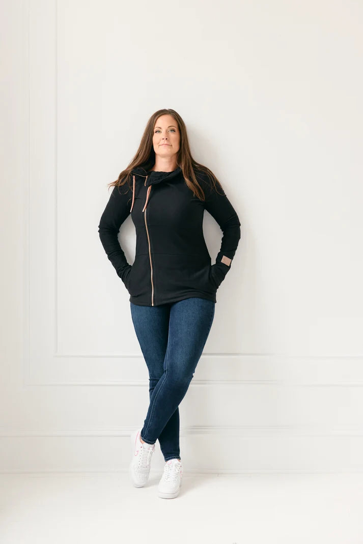 Full Zip Black Hoodie Sweater | Pink Cement