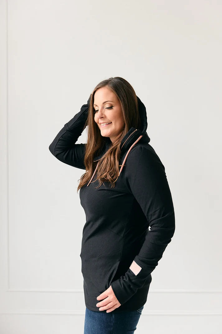 1/4 Zip Black Hoodie Sweater | Pink Cement