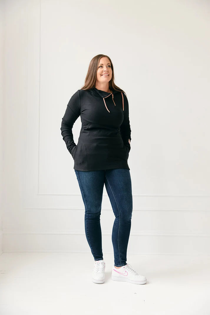 1/4 Zip Black Hoodie Sweater | Pink Cement