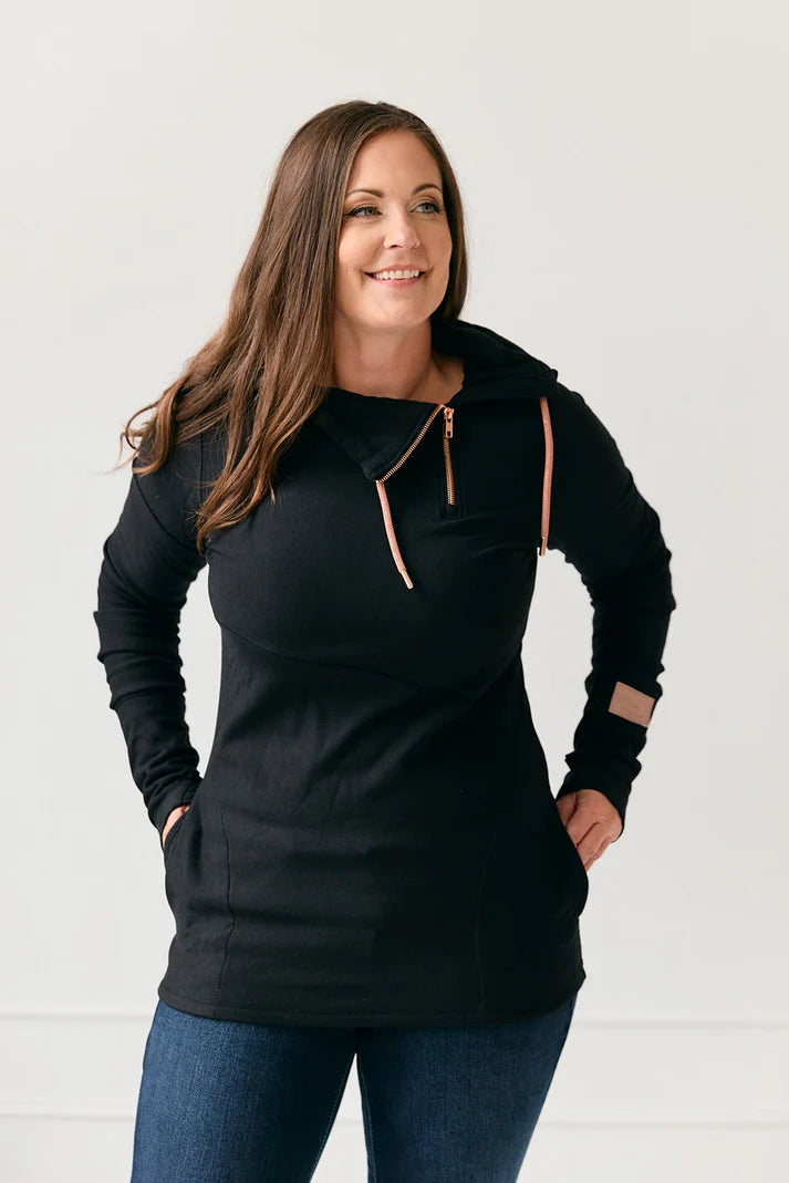 1/4 Zip Black Hoodie Sweater | Pink Cement