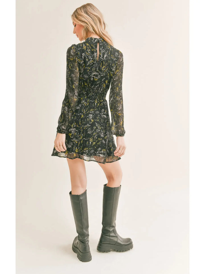 Mini-robe smockée à col montant Moonflower - Noir Multi | Sage The Label