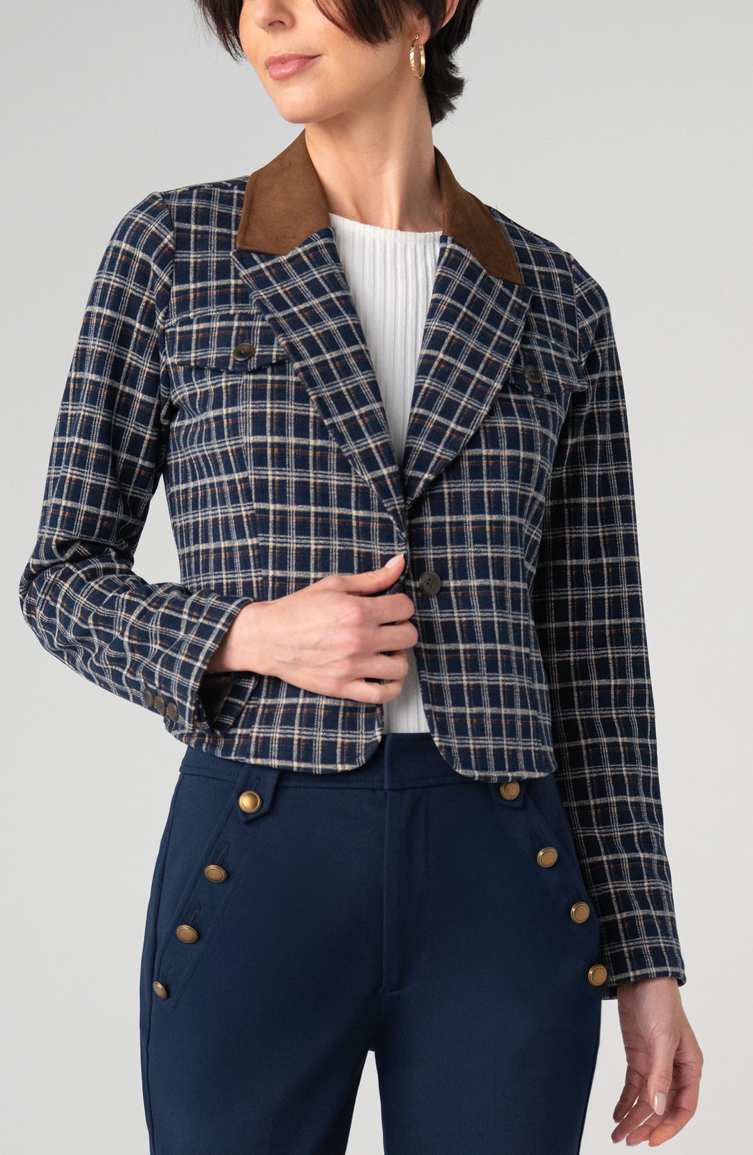 Tartan Contrast Collar Crop Blazer | Liverpool