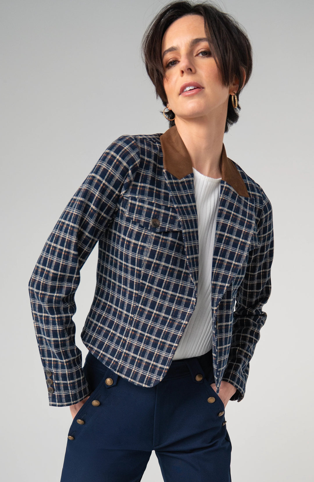 Tartan Contrast Collar Crop Blazer | Liverpool