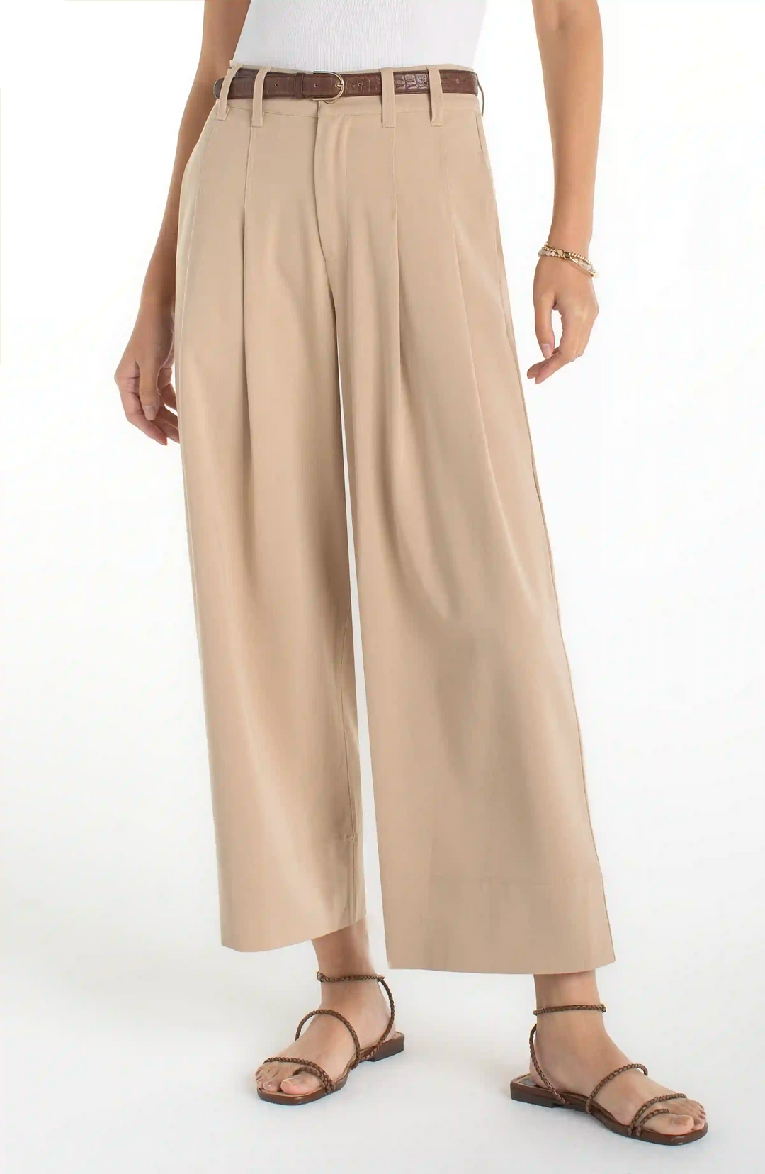 Crop High Rise Pleated Wide Leg Tan Trouser | Liverpool