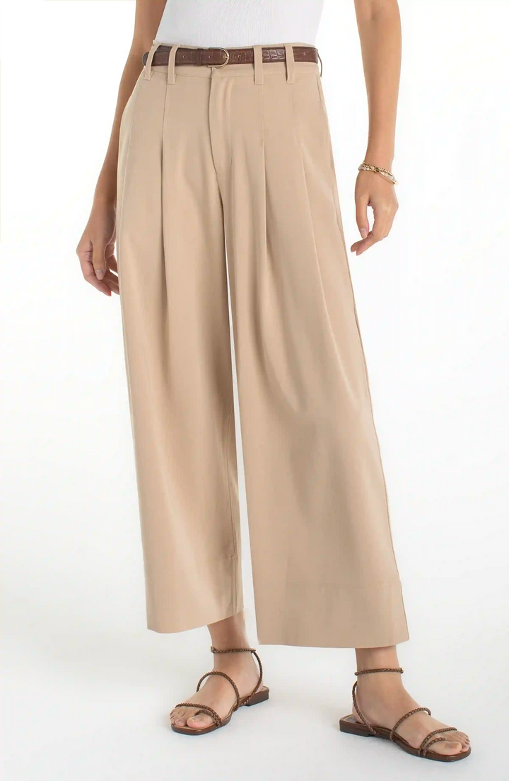 Crop High Rise Pleated Wide Leg Tan Trouser | Liverpool