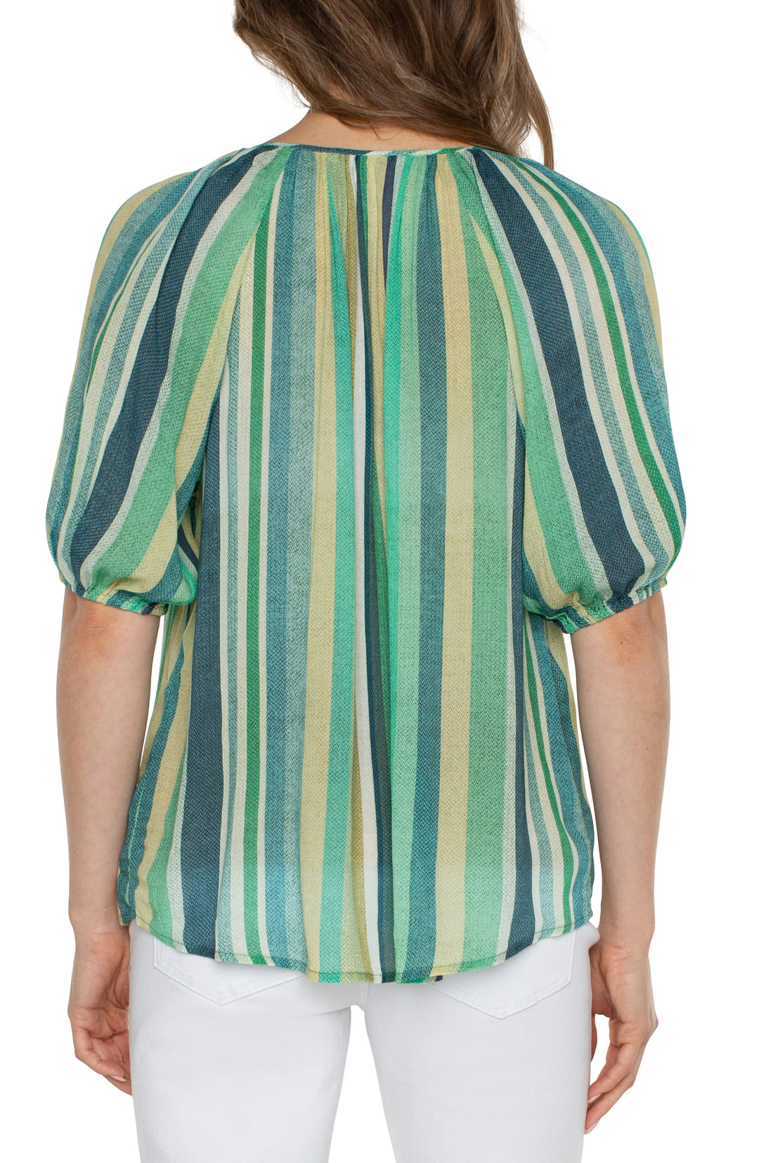 Shirred Short Sleeve Button Front Top - Teal Multi Stripe | Liverpool