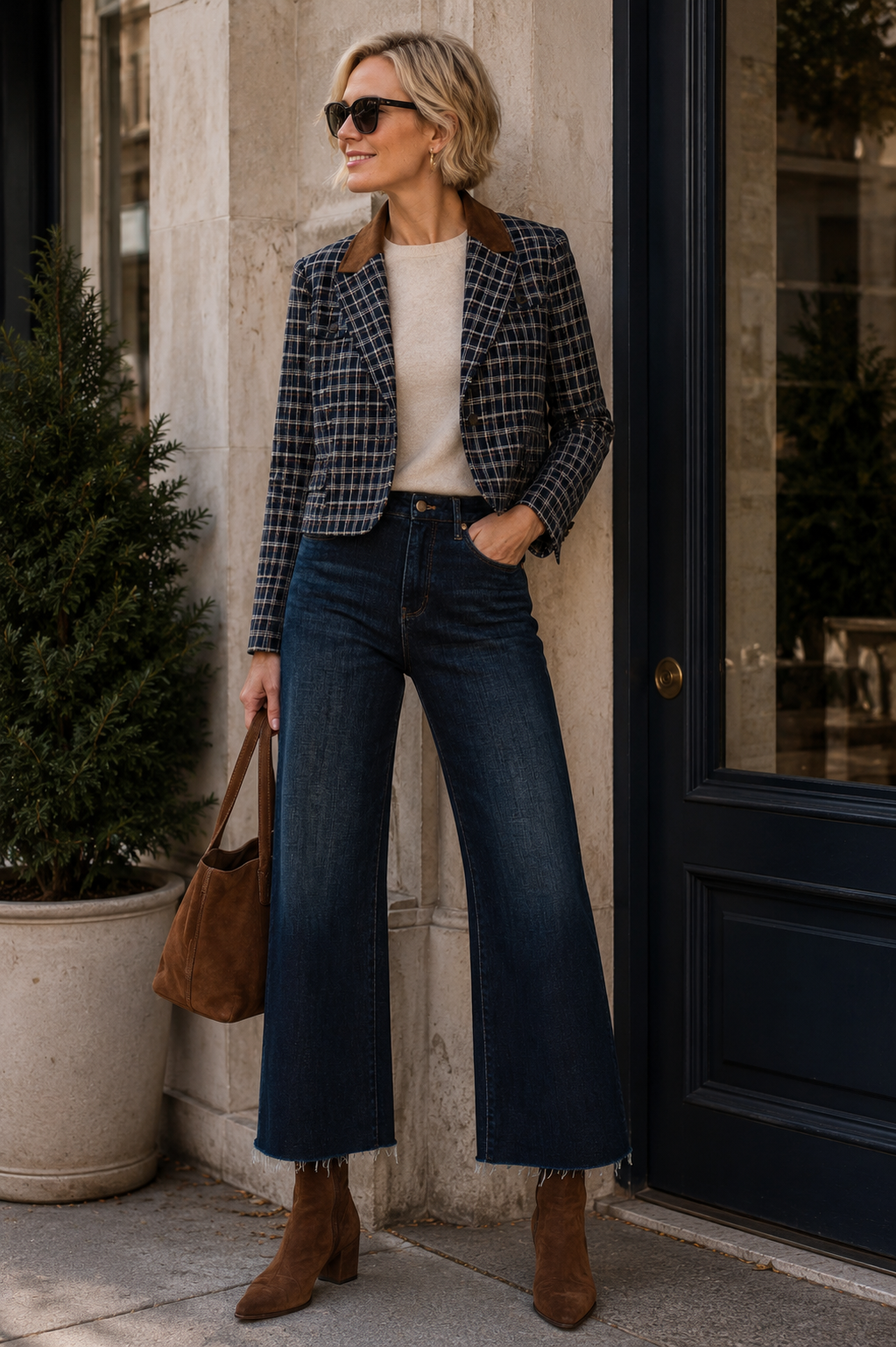 A woman stands outdoors wearing a dark plaid blazer with brown collar and shoulder details, a cream top, wide-leg dark blue jeans, and brown ankle boots. She is holding a brown leather tote bag and wearing sunglasses, posing in front of a stone wall and a dark blue door.