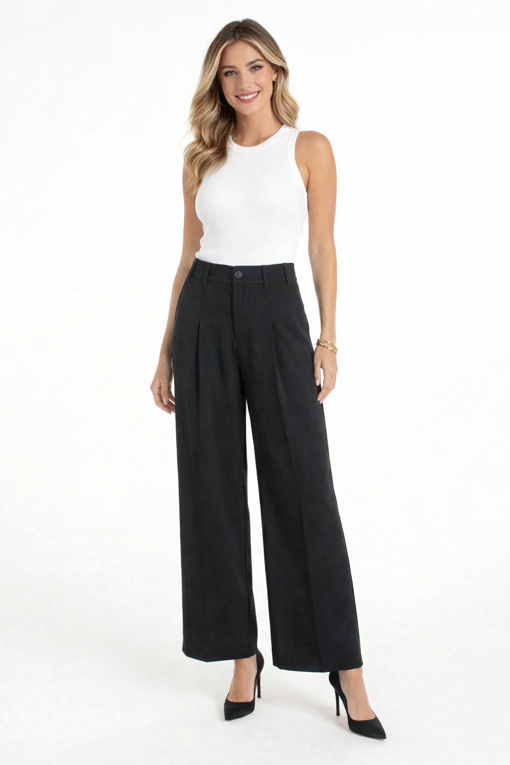 High Rise Pleated Wide Leg Black Trouser | Liverpool