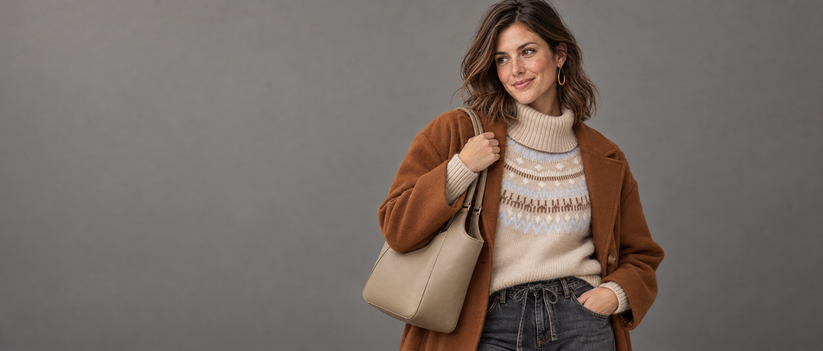 A woman posing in a studio setting, wearing a brown wool-blend coat over a cream Fair Isle turtleneck sweater and dark gray jeans, carrying a beige shoulder bag against a solid gray background.