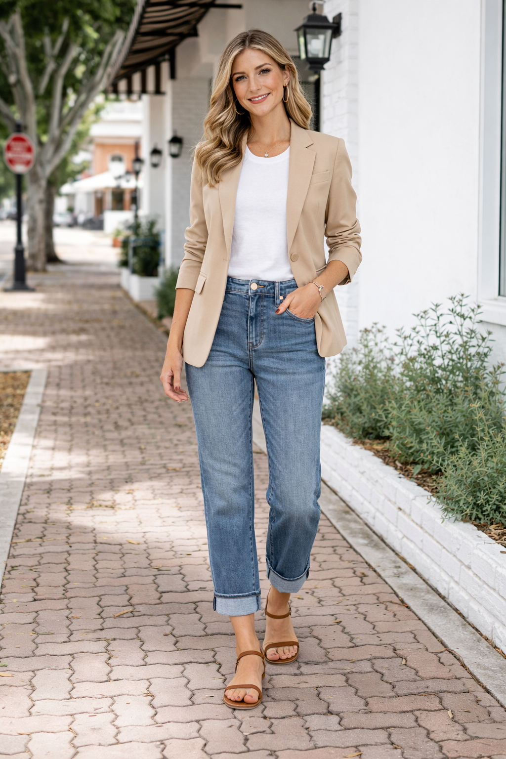 Woman in beige blazer and blue jeans walking on a sidewalk.