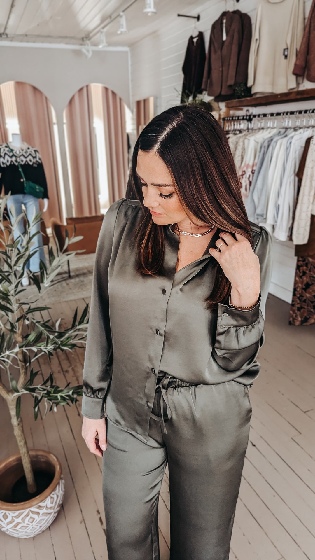 Balicia Satin Blouse - Ivy Green | RD Style