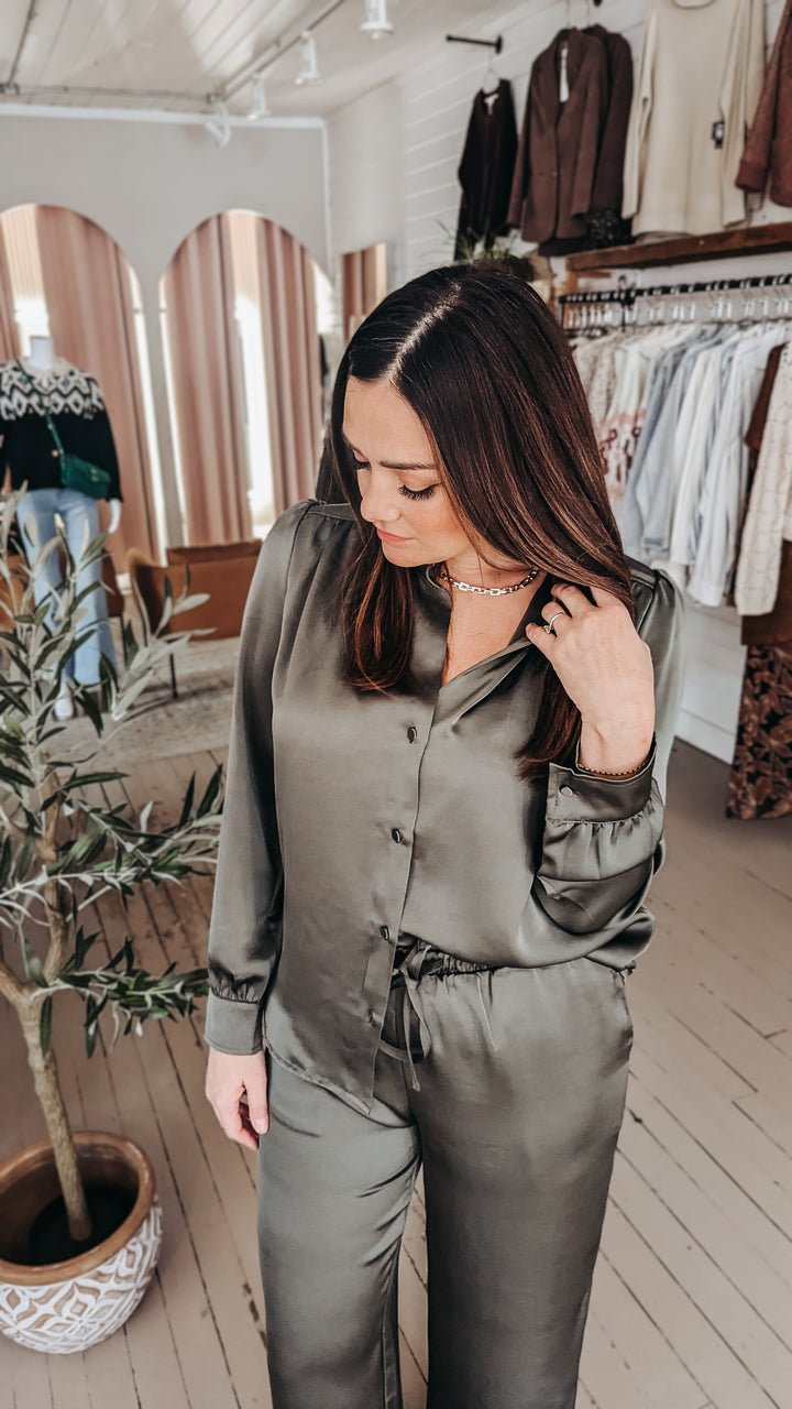 Balicia Satin Blouse - Ivy Green | RD Style