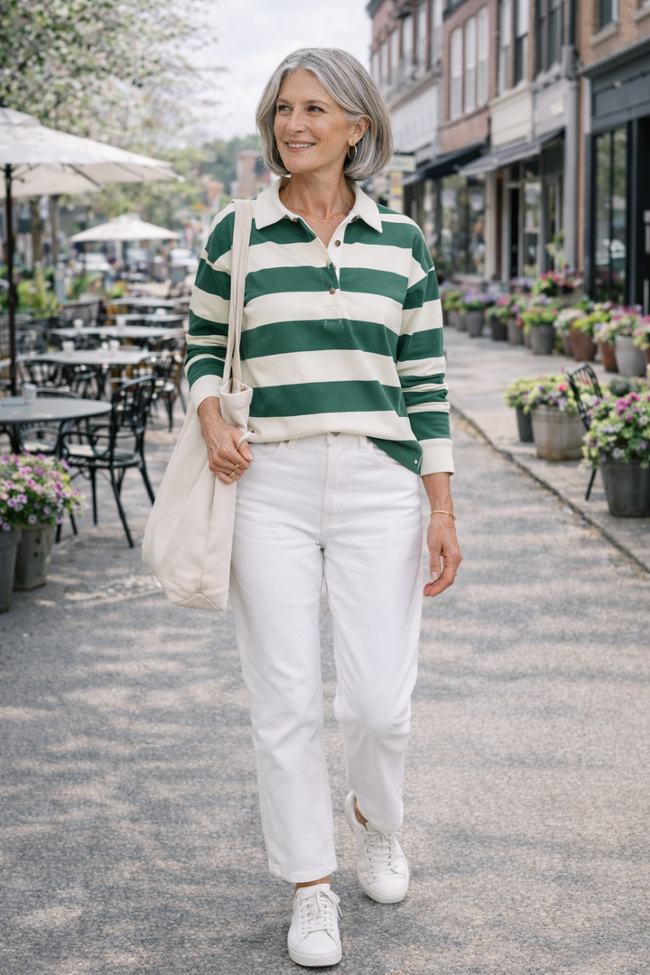 Woman wearing a green and white striped shirt and white pants walking on a street.