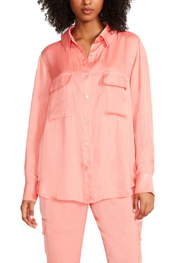 Augustina long sleeve pink blouse by Steve Madden, BB Dakota. Jolie Folie Boutique. Silky button up. Summer blouse. 
