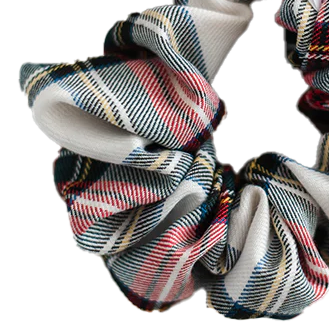 Plaid patterned scrunchie on a white background