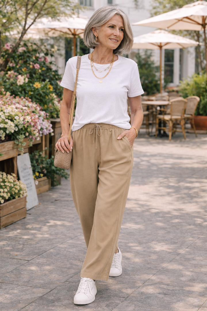 Woman walking outdoors in a casual outfit with beige pants and white sneakers.