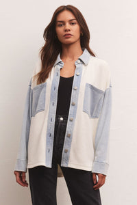 all day knit colour block denim jacket by z supply. Jolie folie boutique. Fall23. 