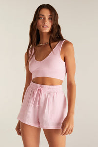 v-neck rib tank bra in pink by z supply. Summer23. Jolie folie boutique. 