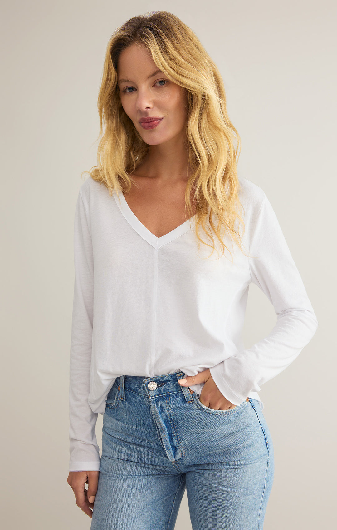 PRESALE Vail V-Neck Long Sleeve Tee - White