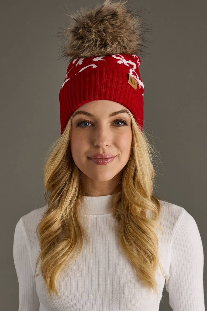 Red & White Bow Pom Knit Hat | Panache Apparel Co.