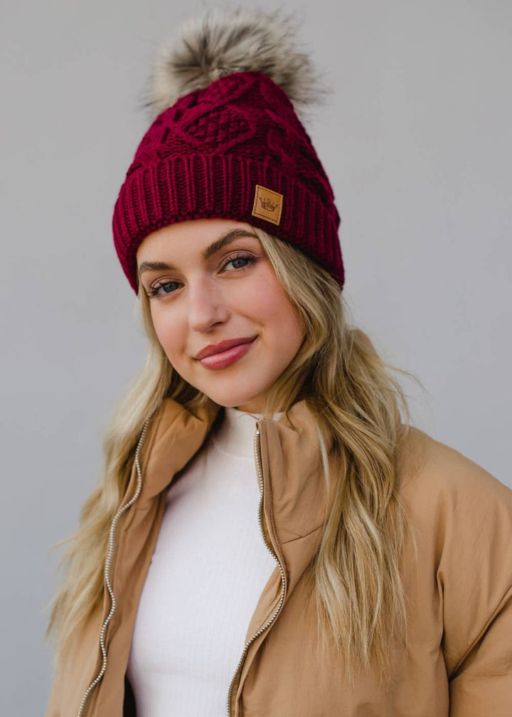 Burgundy Cable Knit Pom Hat | Panache Apparel Co.