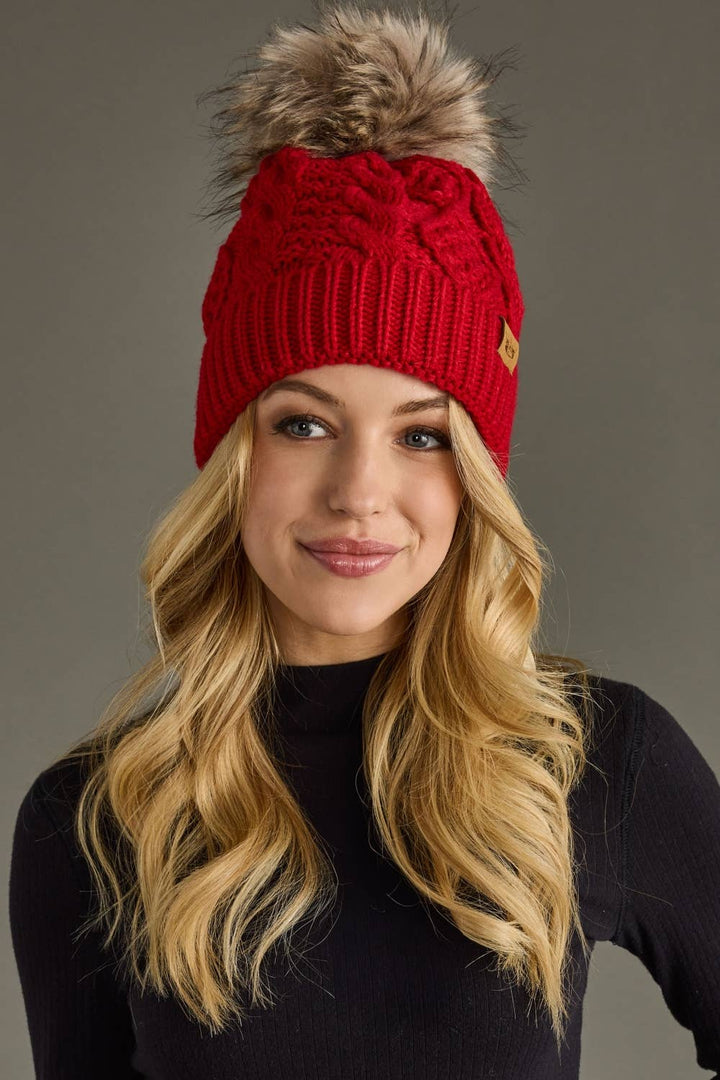 Red Cable Knit Pom Hat | Panache Apparel Co.