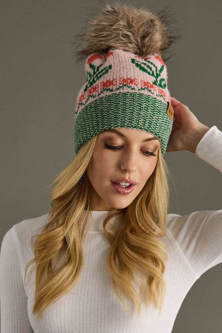Lt. Pink Cherry Pattern Pom Knit Hat | Panache Apparel Co.