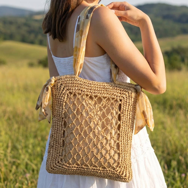 Floral Scarf Handle Open Weave Straw Tote Bag | Anarchy Street