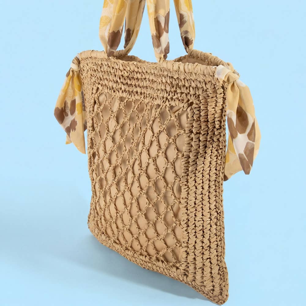 Floral Scarf Handle Open Weave Straw Tote Bag | Anarchy Street