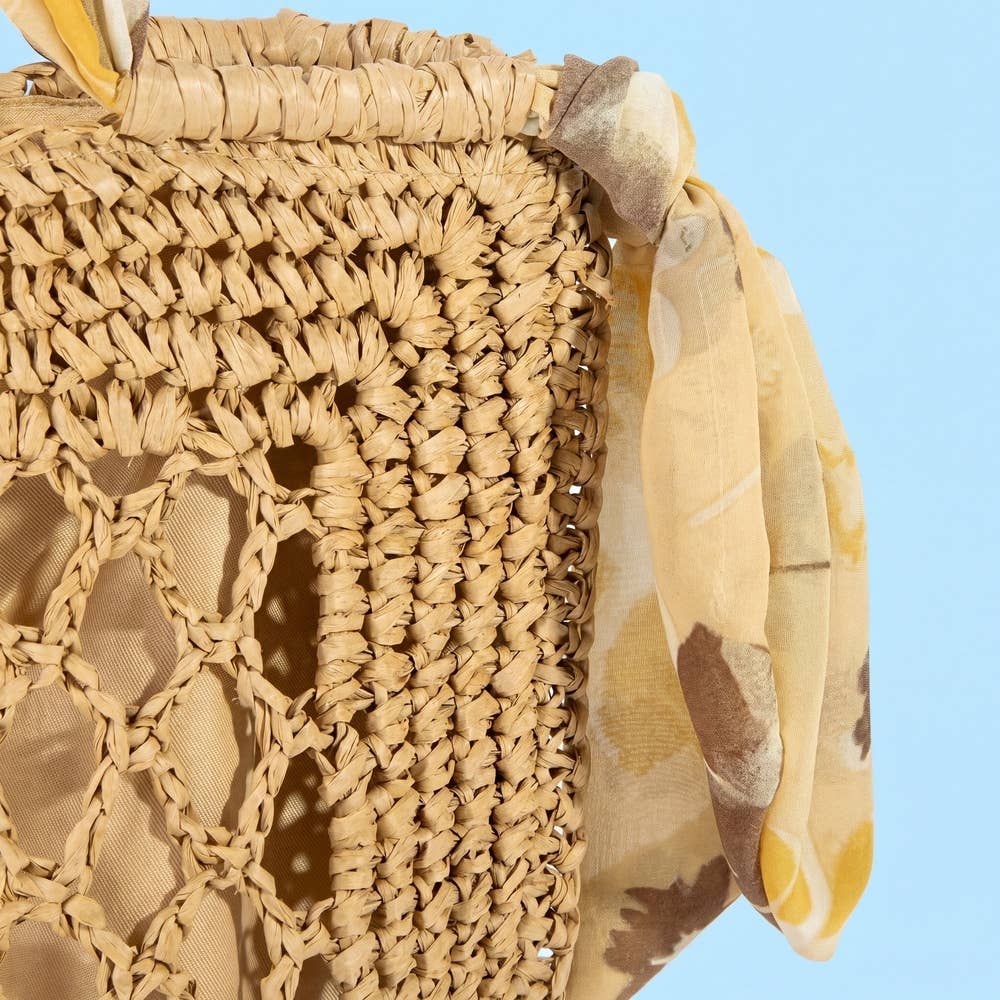 Floral Scarf Handle Open Weave Straw Tote Bag | Anarchy Street